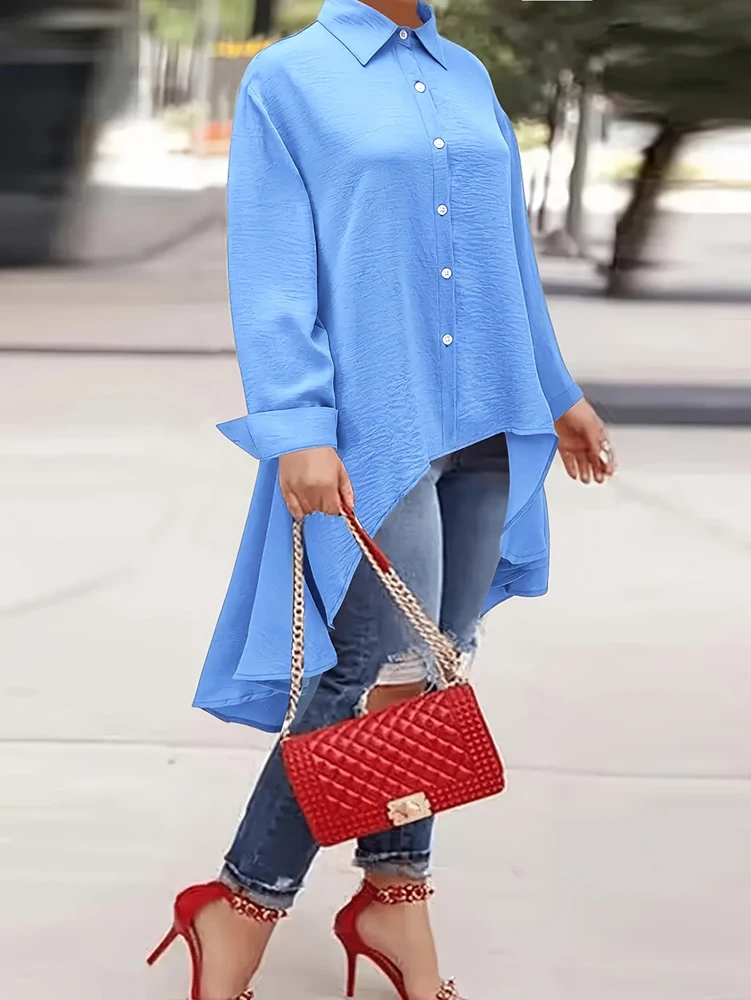 Blouse Off Shoulder - PLUS ขนาด 2025 ฤดูใบไม้ผลิฤดูร้อนใหม่ผู้หญิงสีทึบเดี่ยว Breasted เสื้อแขนยาวหลวมเสื้อลําลอง