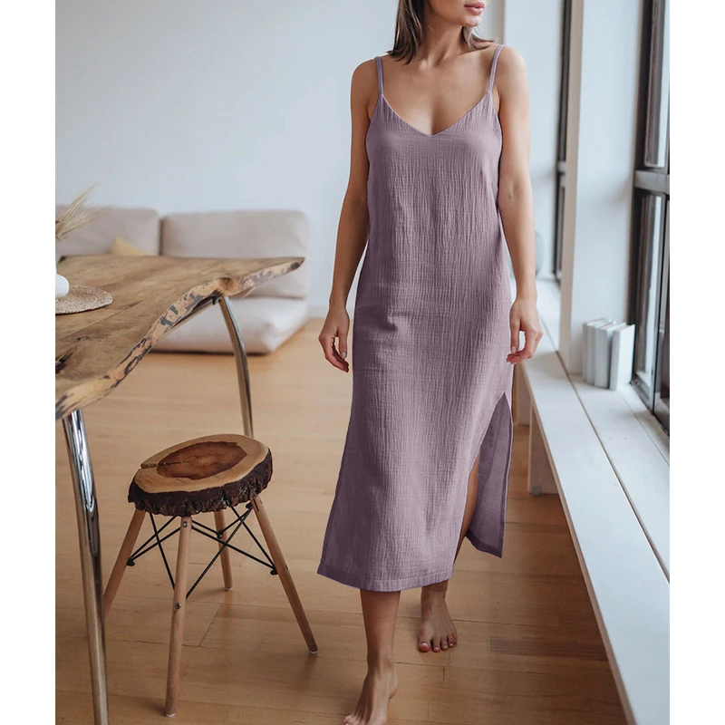 Linen Dress Wrap - Muslin ผ้าฝ้าย 100% ชุดสตรีเซ็กซี่ปรับสายคล้องเปิดด้านข้าง Maix ชุดยาวฤดูร้อนสบายชุด