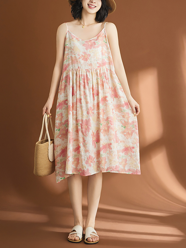 Linen Dress Wrap - ชุดเดรสผ้าฝ้ายลินินลำลองสำหรับผู้หญิง สไตล์ศิลปะ ฤดูร้อน แขนกุด คอพัน กระโปรงพิมพ์ลาย
