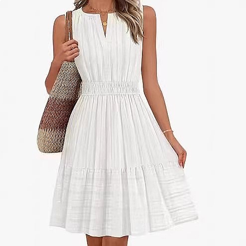 Linen Dress Wrap - เดรสแขนกุดสำหรับผู้หญิงฤดูใบไม้ผลิและฤดูร้อน คอวีแบบพัน ผ้าฝ้ายลินินจับจีบ เดรสลำลองความยาวระดับกลาง