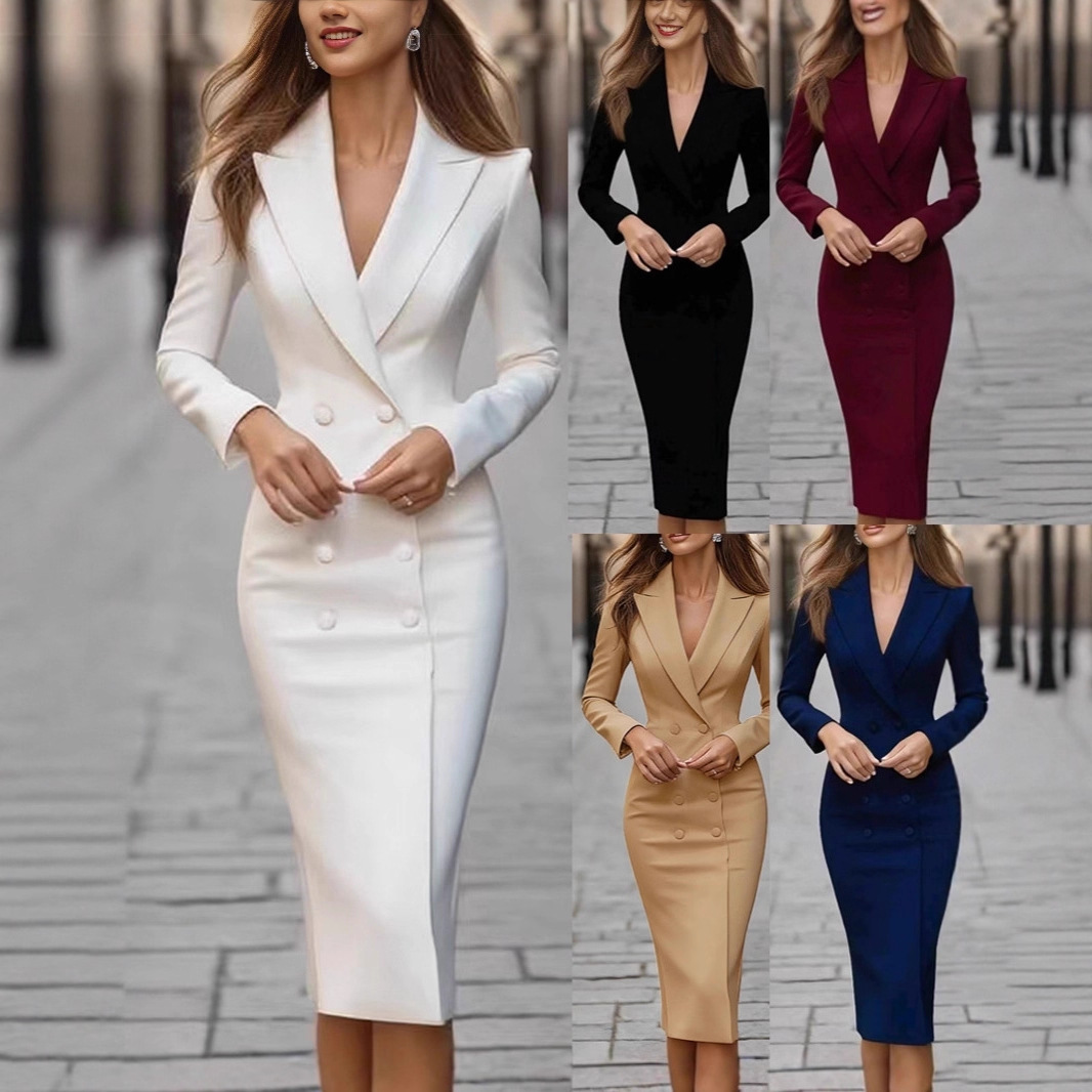 Linen Dress Wrap - ชุดเดรสสีพื้นทรงเข้ารูป กระดุมสองแถว สำหรับงานปาร์ตี้ ดีไซน์หรูหรา เซ็กซี่ แบบพันรอบสะโพก