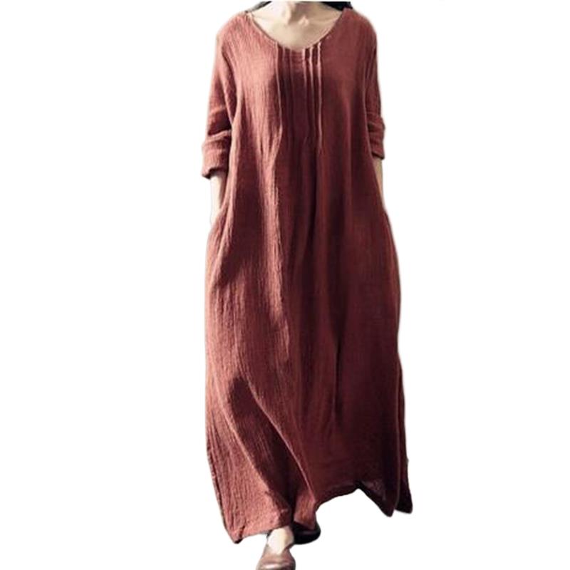 Linen Dress Wrap - ผ้าฝ้าย 2025 ผ้าลินินวินเทจเต็มชุดลําลองหลวม Boho ยาว Maxi