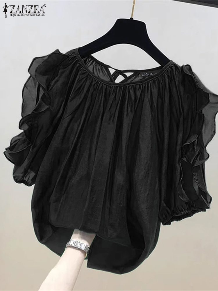 Blouse Off Shoulder - ZANZEA แฟชั่นปิดไหล่เสื้อผู้หญิง Ruffle ครึ่งแขนเสื้อ Chic สายรัดด้านหลังจีบเสื้อฤดูร้อนเสื้อลําลองหลวมๆ
