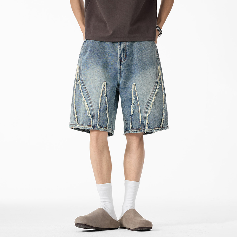 Shorts Denim Frayed - กางเกงยีนส์ขาสั้นทรงหลวมสำหรับผู้ชาย, ขอบดิบเย็บแบบขาดๆ แต่งผ้าปะติด, กางเกงขาสั้นเบอร์มิวดาวินเทจแบบฟอก, กางเกงขาสั้นยาวระดับเข่าสไตล์สตรีทแวร์ Y2K