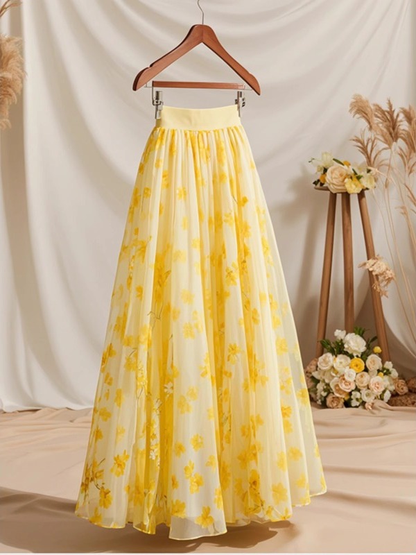 กระโปรงทรงเอเอวสูงสีเหลืองลายด - Midi Skirt Floral บทวิจารณ์และราคา
